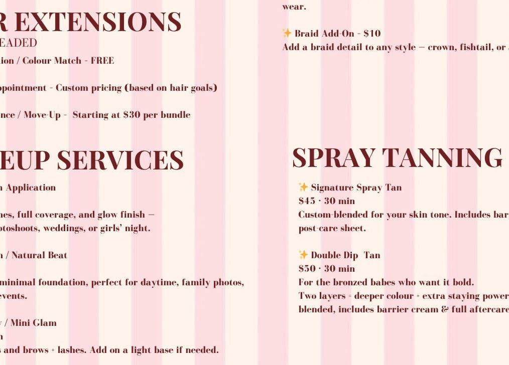 Laur’s Glam Files services menu in Brantford, Ontario, CA featuring hair, makeup, and spray tanning options.