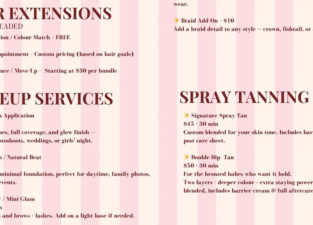 Laur’s Glam Files services menu in Brantford, Ontario, CA featuring hair, makeup, and spray tanning options.