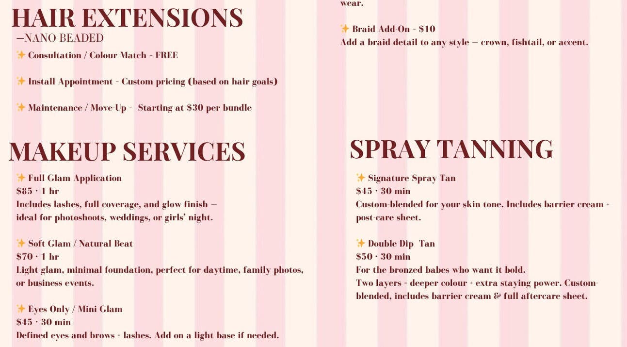 Laur’s Glam Files services menu in Brantford, Ontario, CA featuring hair, makeup, and spray tanning options.