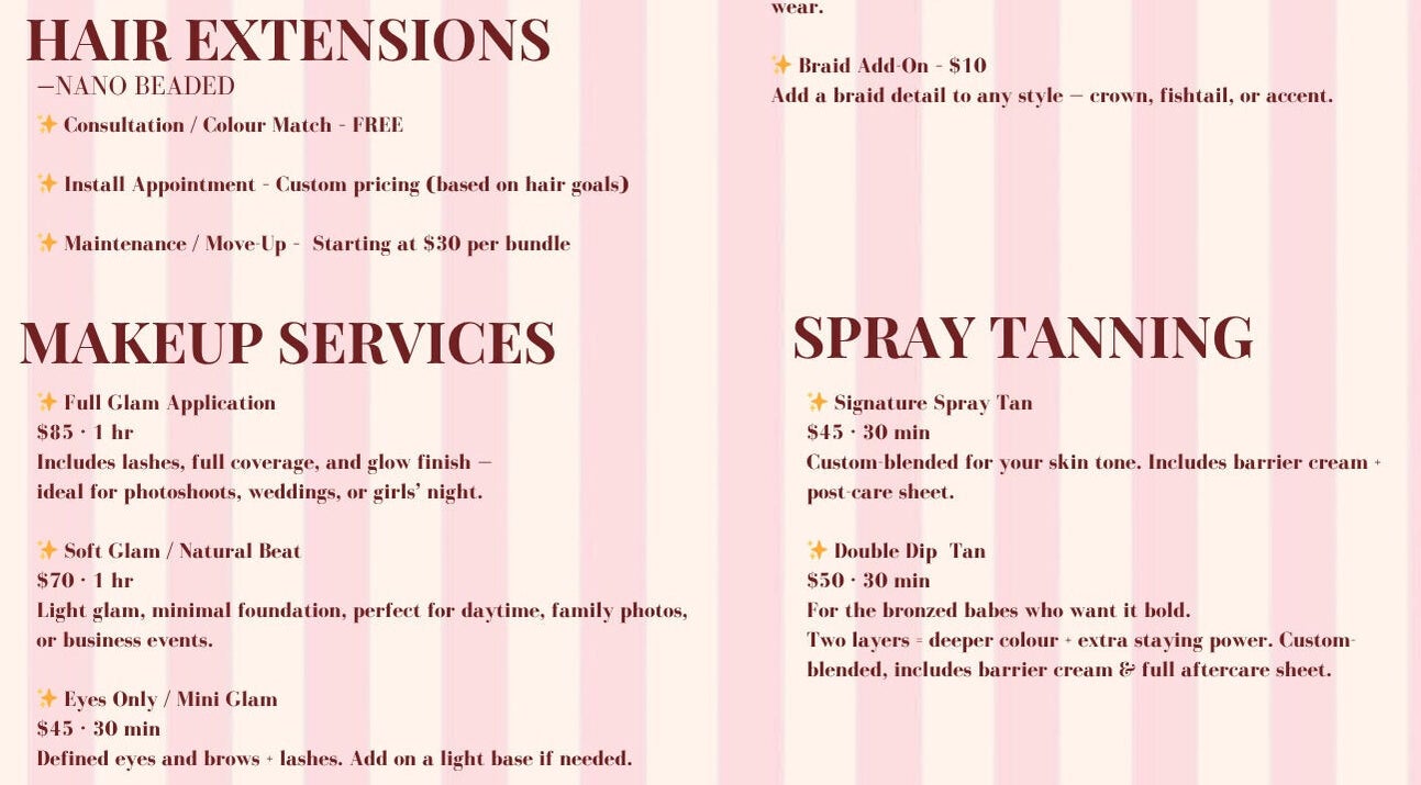 Laur’s Glam Files services menu in Brantford, Ontario, CA featuring hair, makeup, and spray tanning options.