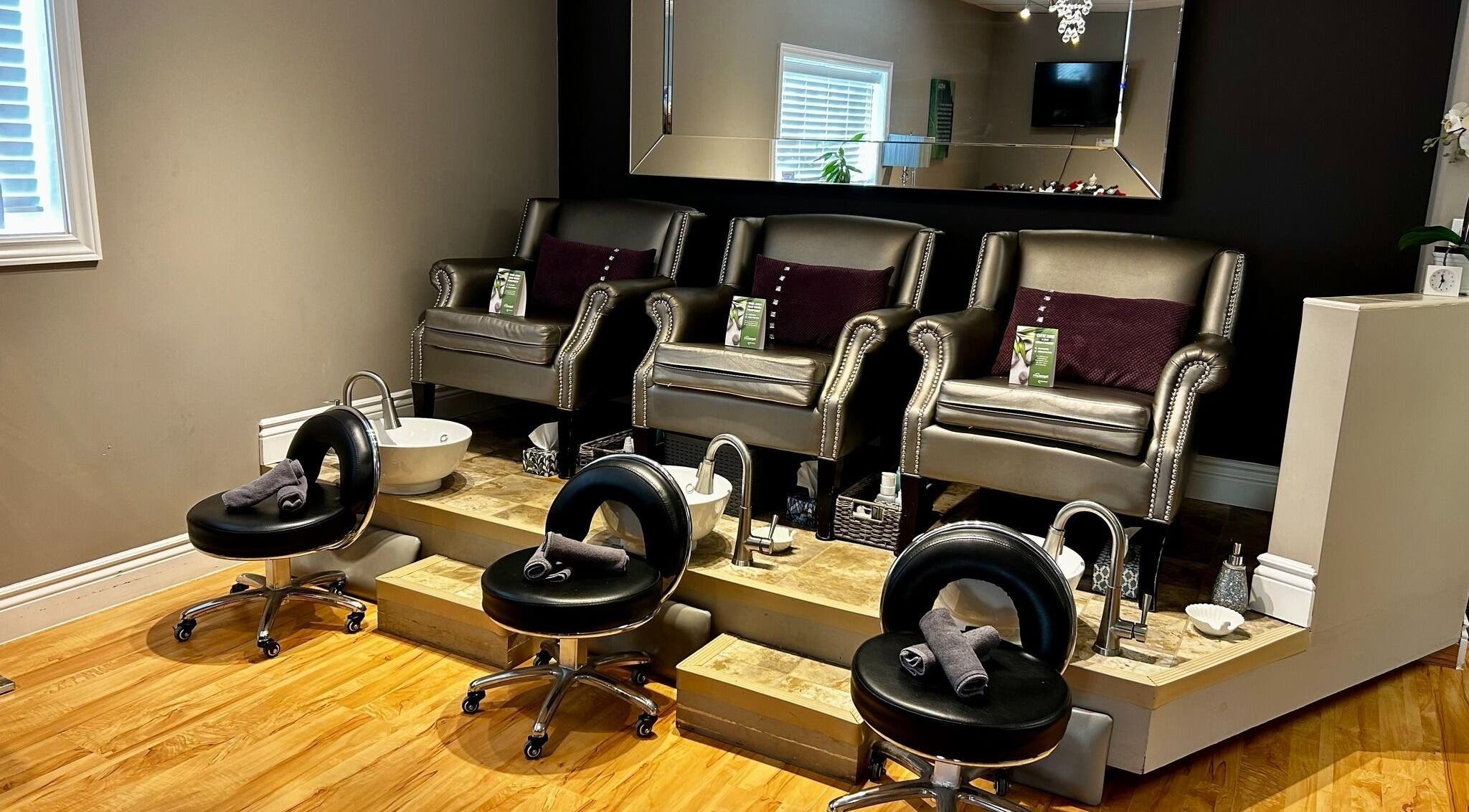 Elegant pedicure chairs at Panache Spa & Academy, Midland, Ontario, CA offering luxurious spa experience.