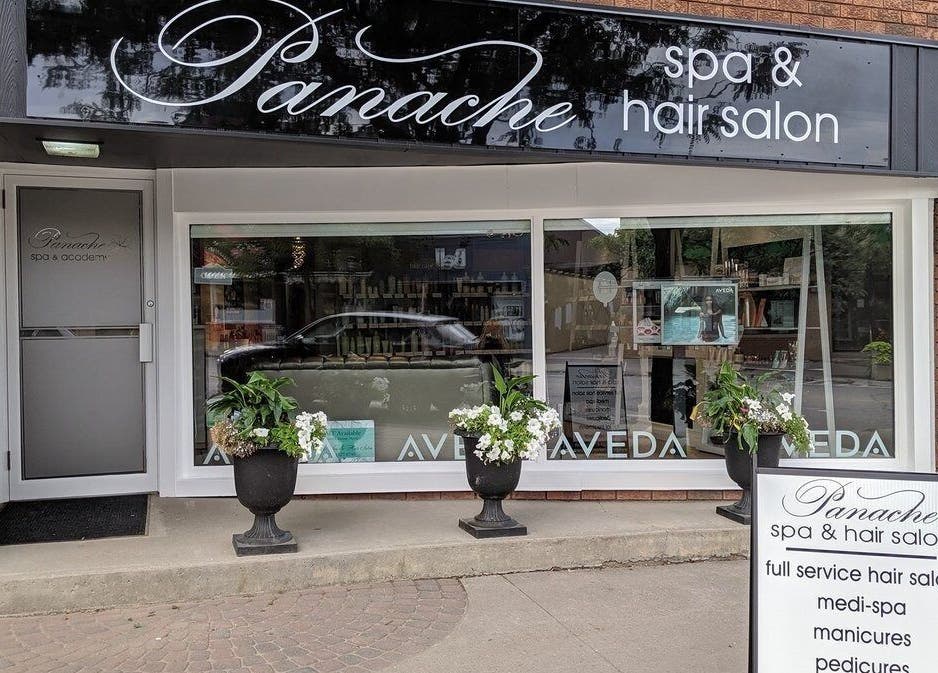 Panache Spa & Academy entrance in Midland, Ontario, CA showcasing a welcoming facade with elegant signs.