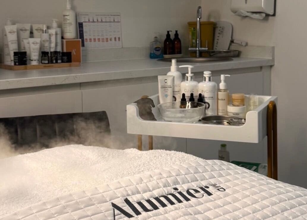 Treatment room with skin care products at Thedermahub, Wallasey, England, GB for rejuvenating spa experience.