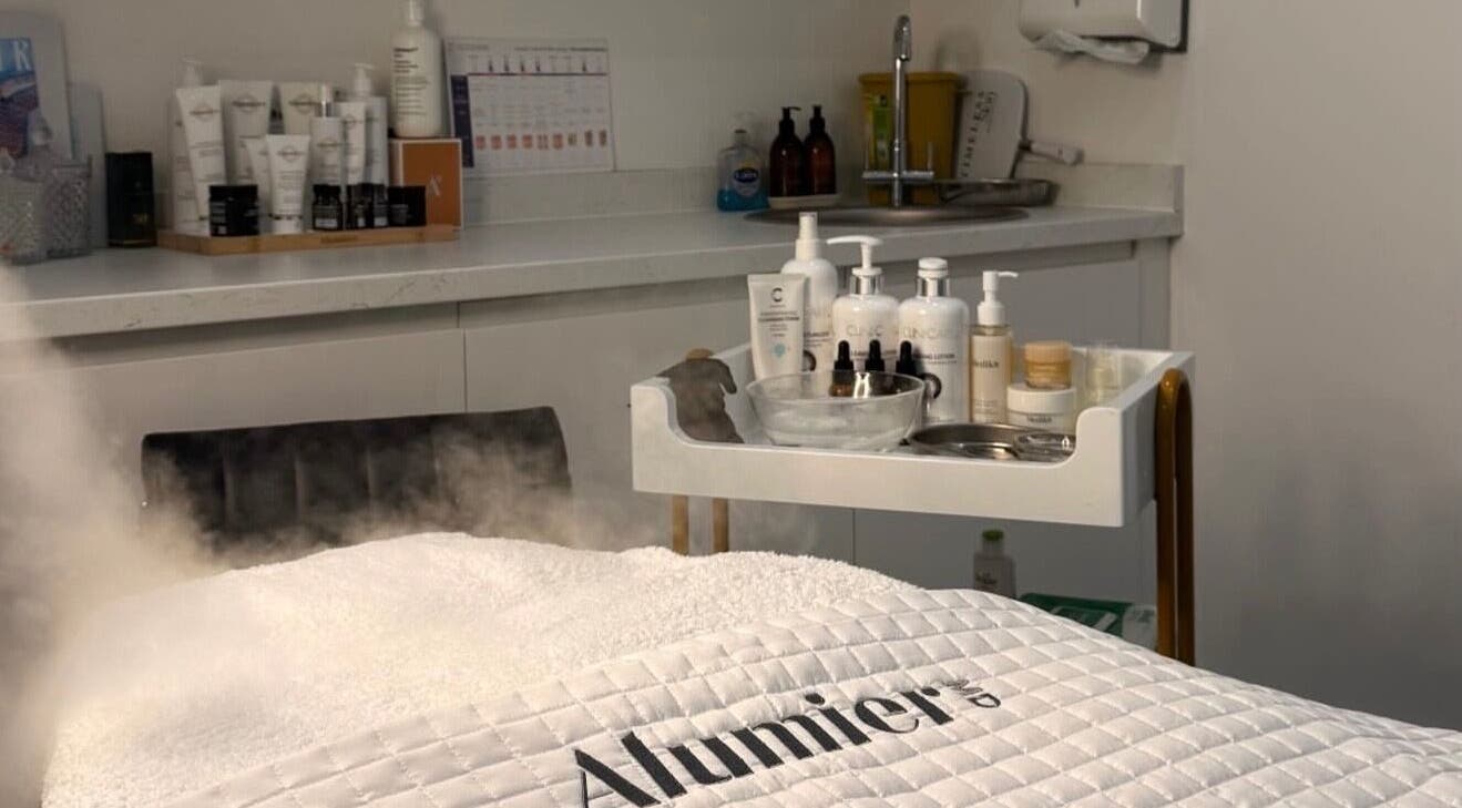 Treatment room with skin care products at Thedermahub, Wallasey, England, GB for rejuvenating spa experience.
