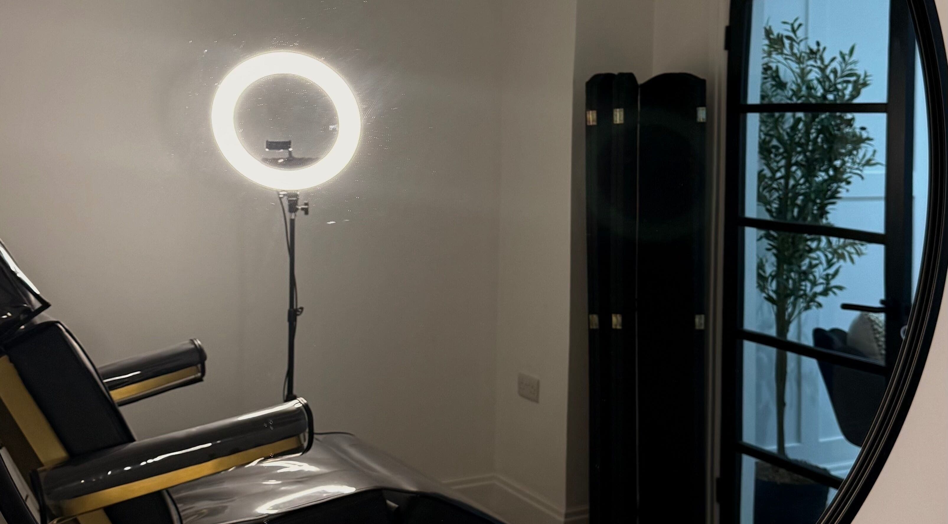 Relaxing beauty chair and ring light setup at Thedermahub, Wallasey, England, GB.