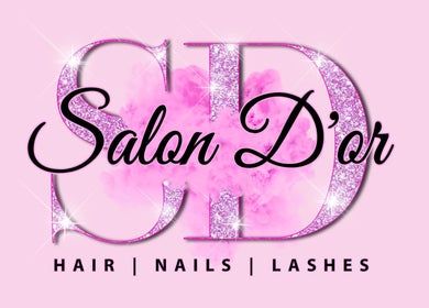 Salon D'or logo in sparkling pink with hair, nails, lashes text; George Town, George Town, KY.
