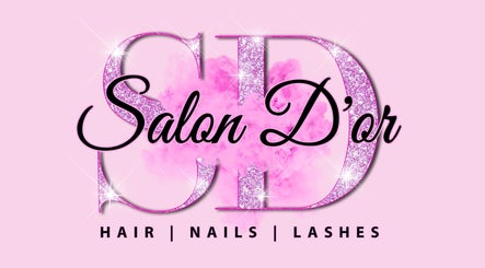 Salon D'or logo in sparkling pink with hair, nails, lashes text; George Town, George Town, KY.