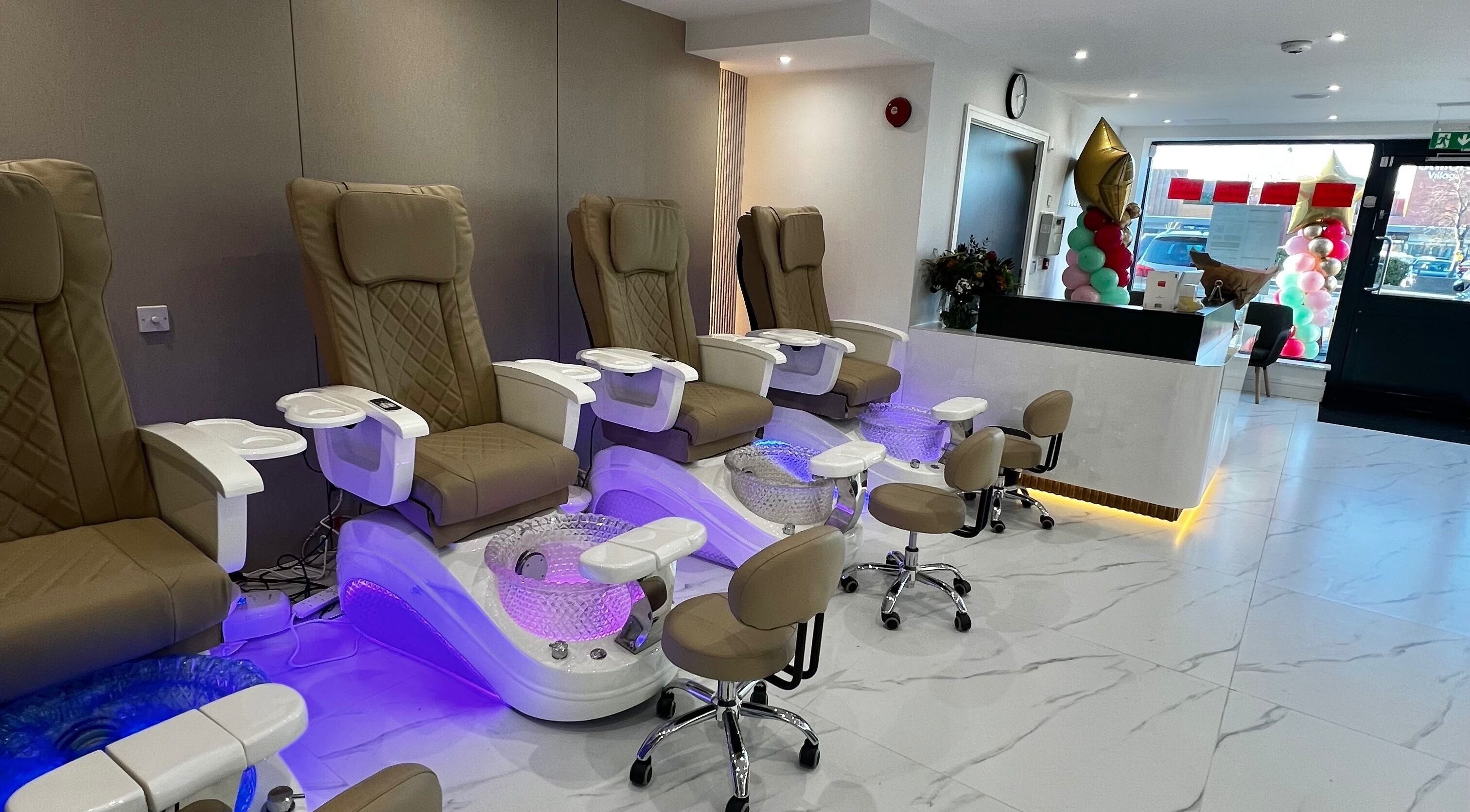 Elegant nail salon seating at Nails Brows Stillorgan, Dublin, County Dublin, IE, with luxurious pedicure chairs.