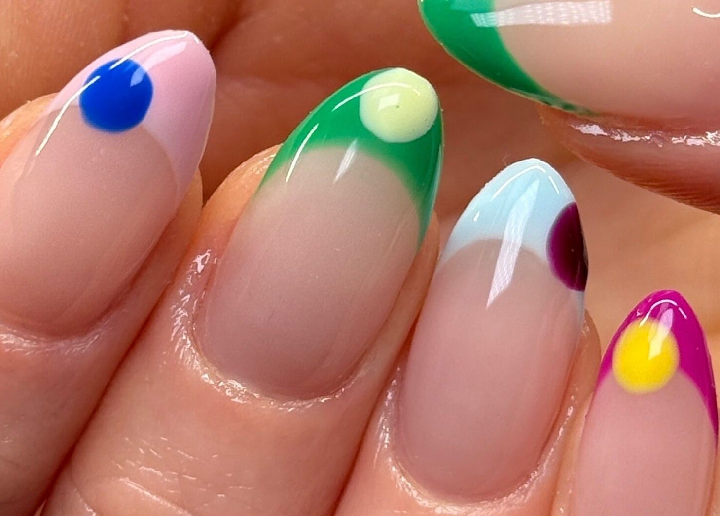 Colorful polka dot nail art at Nail Devotion, Bath, England, GB.