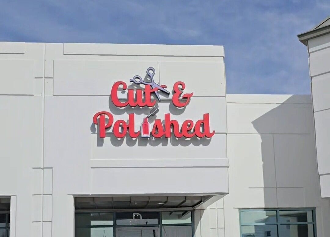 Cut & Polished salon signage at Sasco Nails, Henderson, Nevada, US, under a clear blue sky.