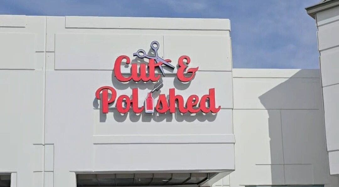 Cut & Polished salon signage at Sasco Nails, Henderson, Nevada, US, under a clear blue sky.
