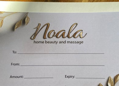 Gift voucher from Noala Home Beauty and Massage, Aranda, Australian Capital Territory, AU, featuring gold leaves.