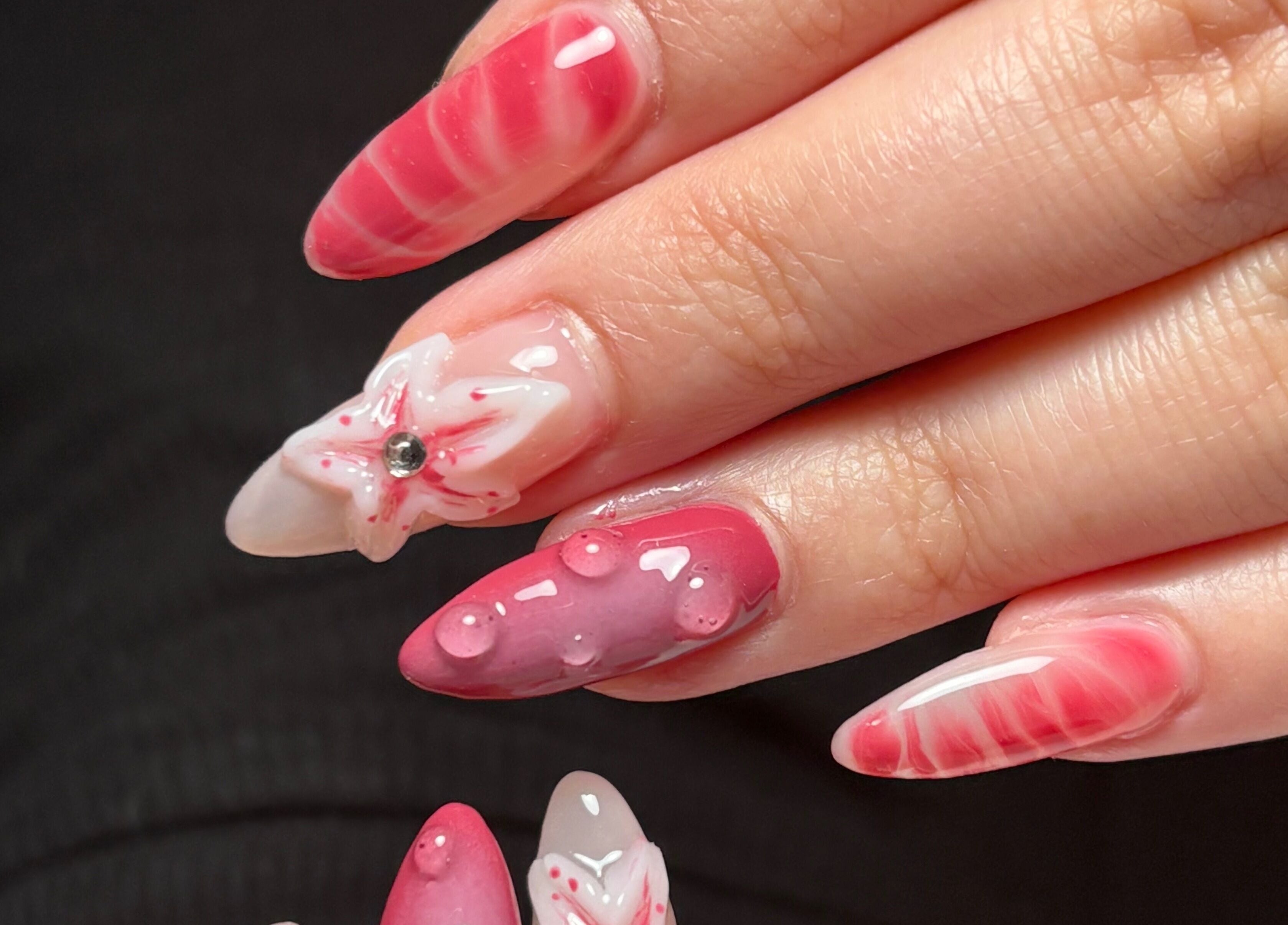 Pink and white floral nail art by Clawed By Chl, Edmonton, Alberta, CA.