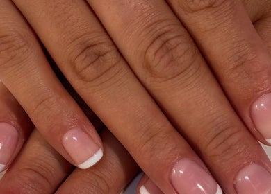 Close-up of elegant French manicure at Nails By Cee in Brookvale, New South Wales, AU.
