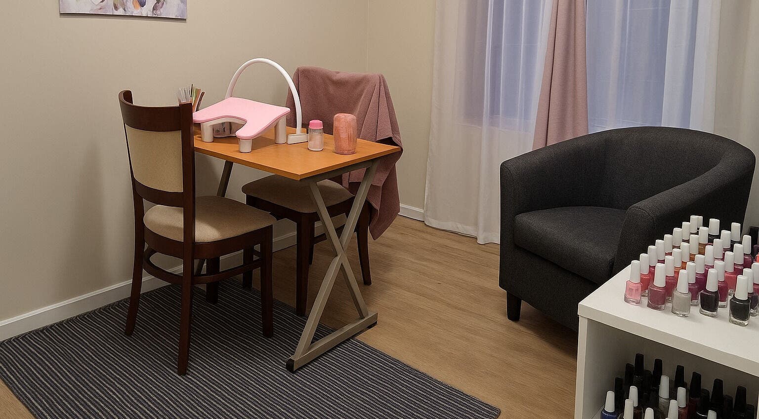 Cozy nail salon table at Firefly Nails in Cape Town, Western Cape, ZA, with vibrant polish display.