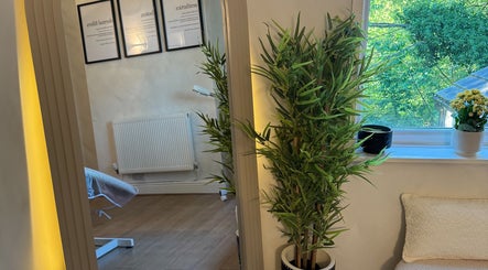 Calm treatment room at The Skin Specialist UK, Horwich, England, with greenery and framed posters.