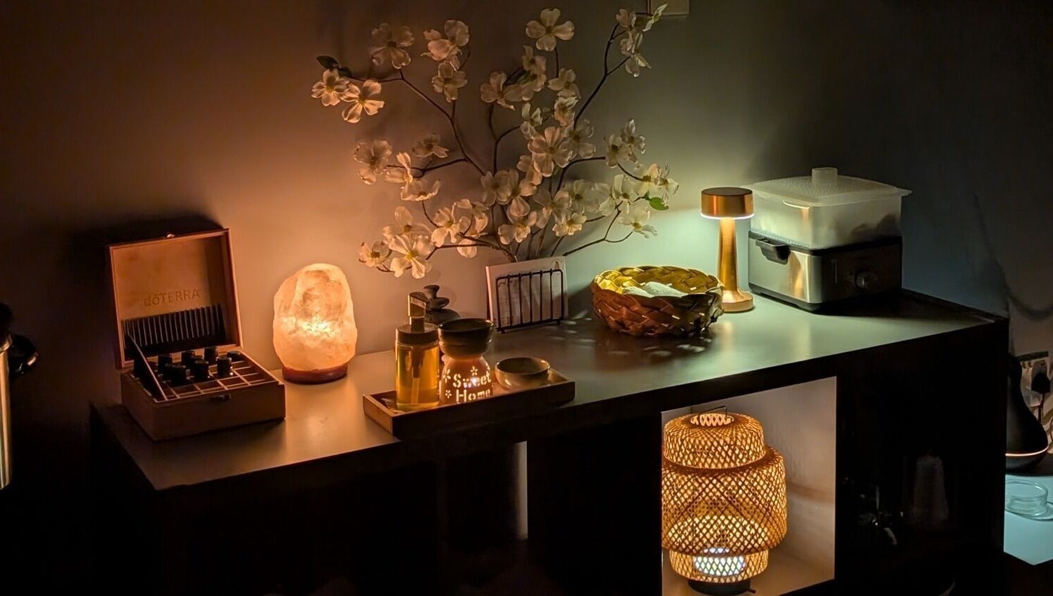 Calming aromatherapy setup at Urban Escape, Limassol, CY with soft lighting and elegant decor.