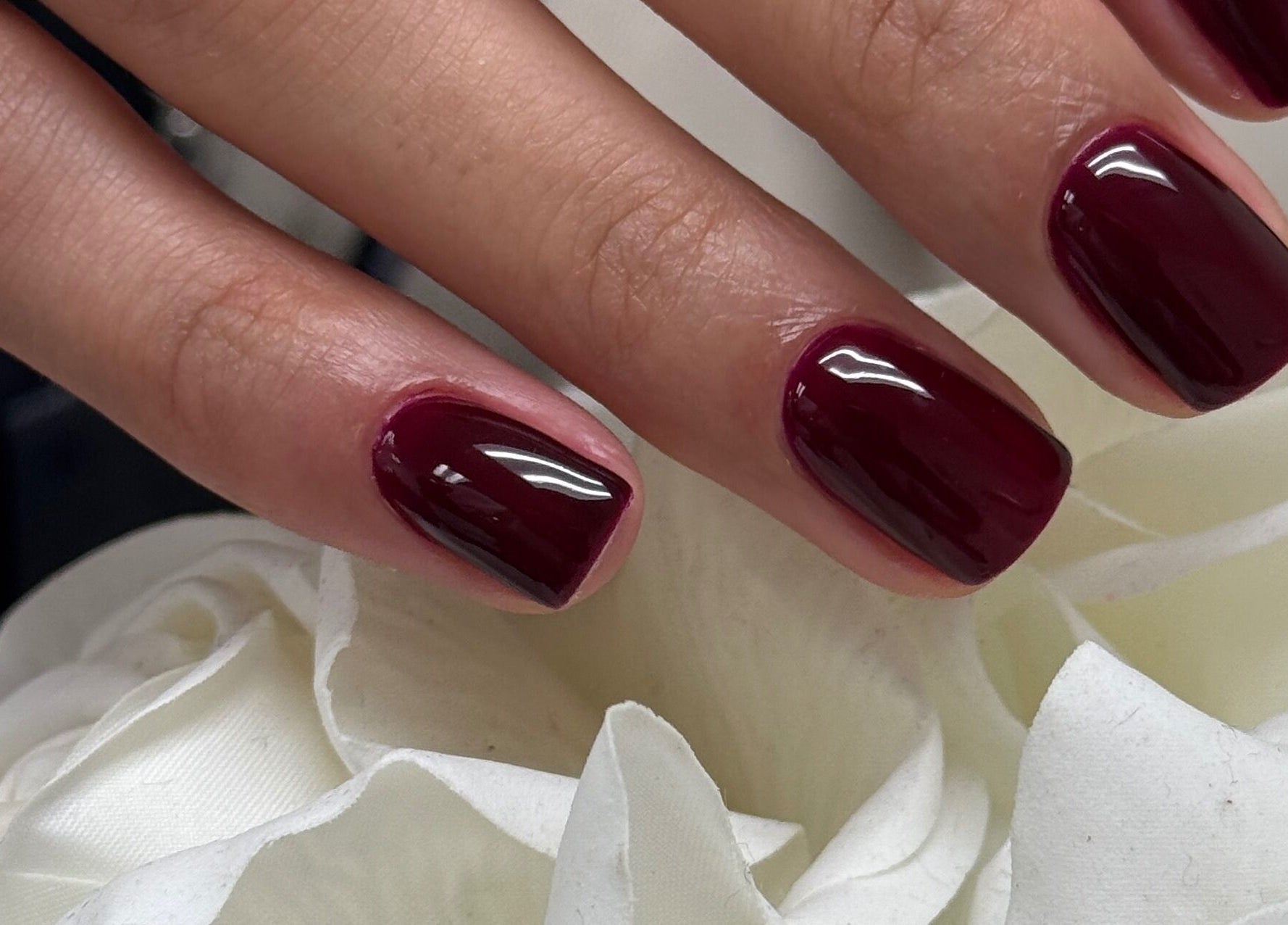 Rich burgundy nails showcased on white petals at Dangina Studio, Aurora, Illinois, US.