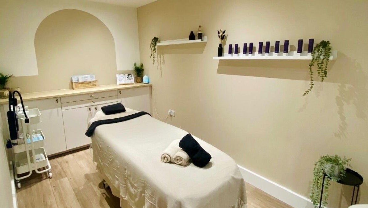 Relaxing treatment room at Amber Rose Cosmetics, Wombourne, England, GB, featuring elegant decor and amenities.