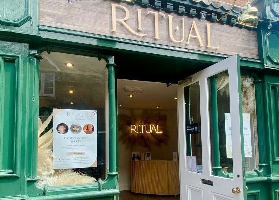 Entrance to Amber Rose Cosmetics in Wombourne, England, GB, featuring Ritual sign and open door.