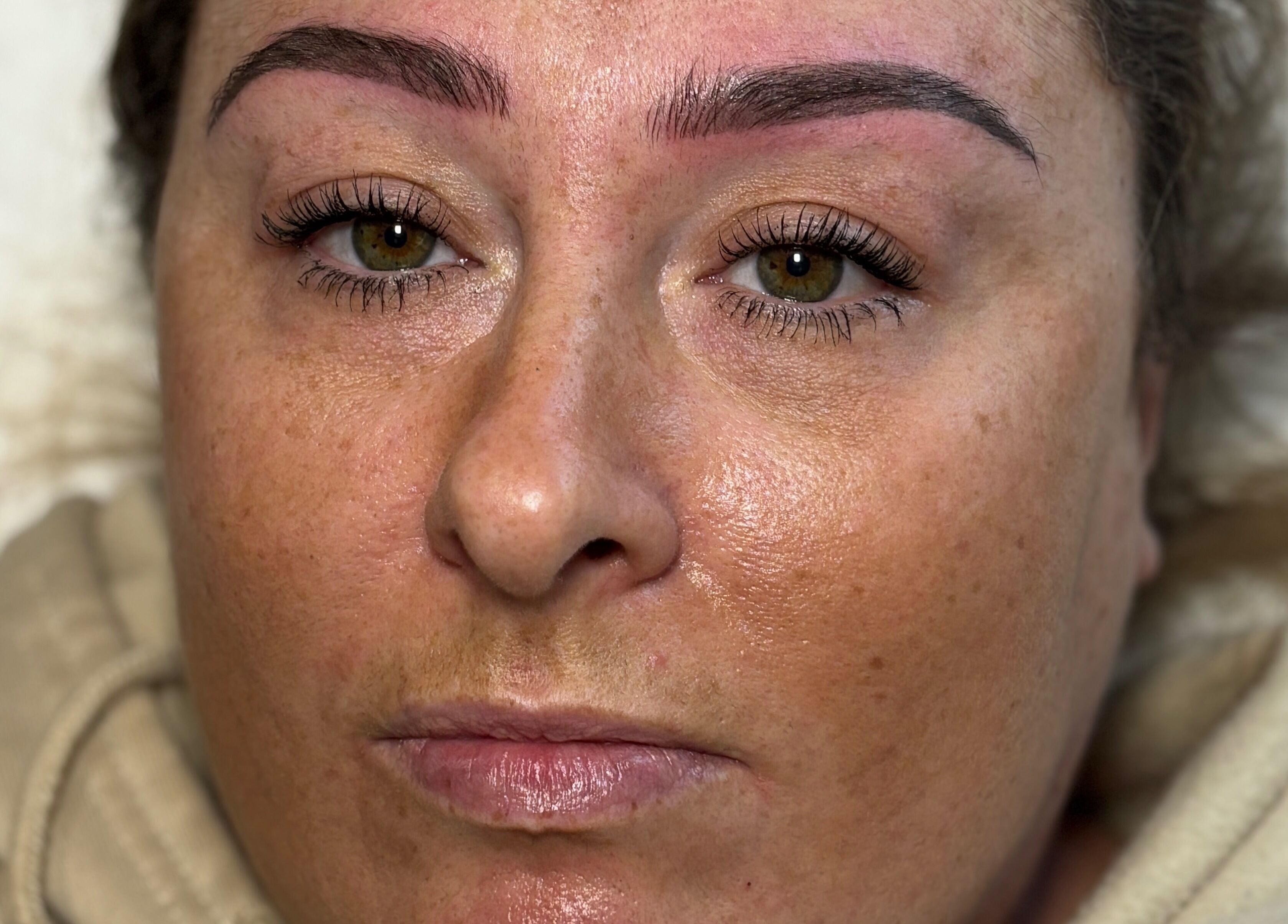 Close-up of enhanced eyebrows at Amber Rose Cosmetics, Wombourne, England, GB.