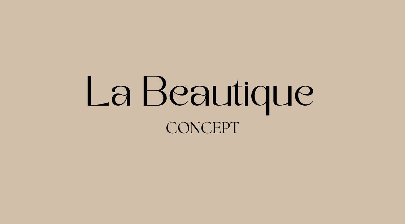 Logo La Beautique Concept, salon de beauté à Val-de-ruz, Neuchâtel, CH, sur fond beige.