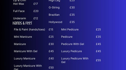 Service menu at Hayley Leon Beauty at Hair and Beauty @no1, Sapcote, England, GB highlighting various beauty treatments.