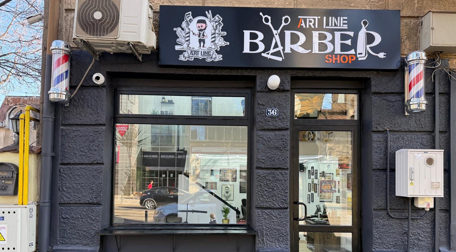 Fațada Art Line Barber Shop, situată în București, București, RO, cu afișaj distinct.