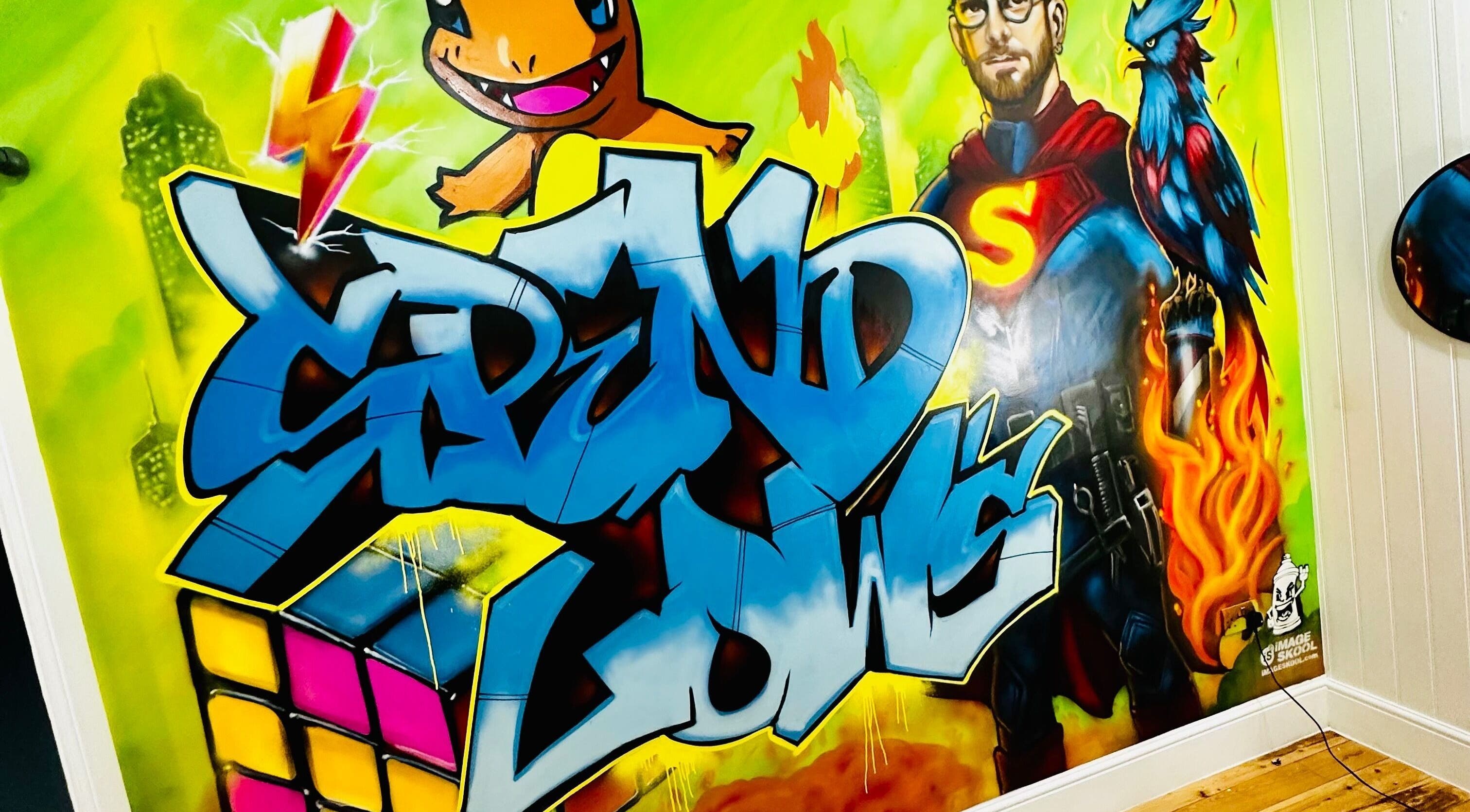 Colorful mural at Spendlow's Barbering in Newark-on-trent, England, GB featuring bold graffiti and characters.