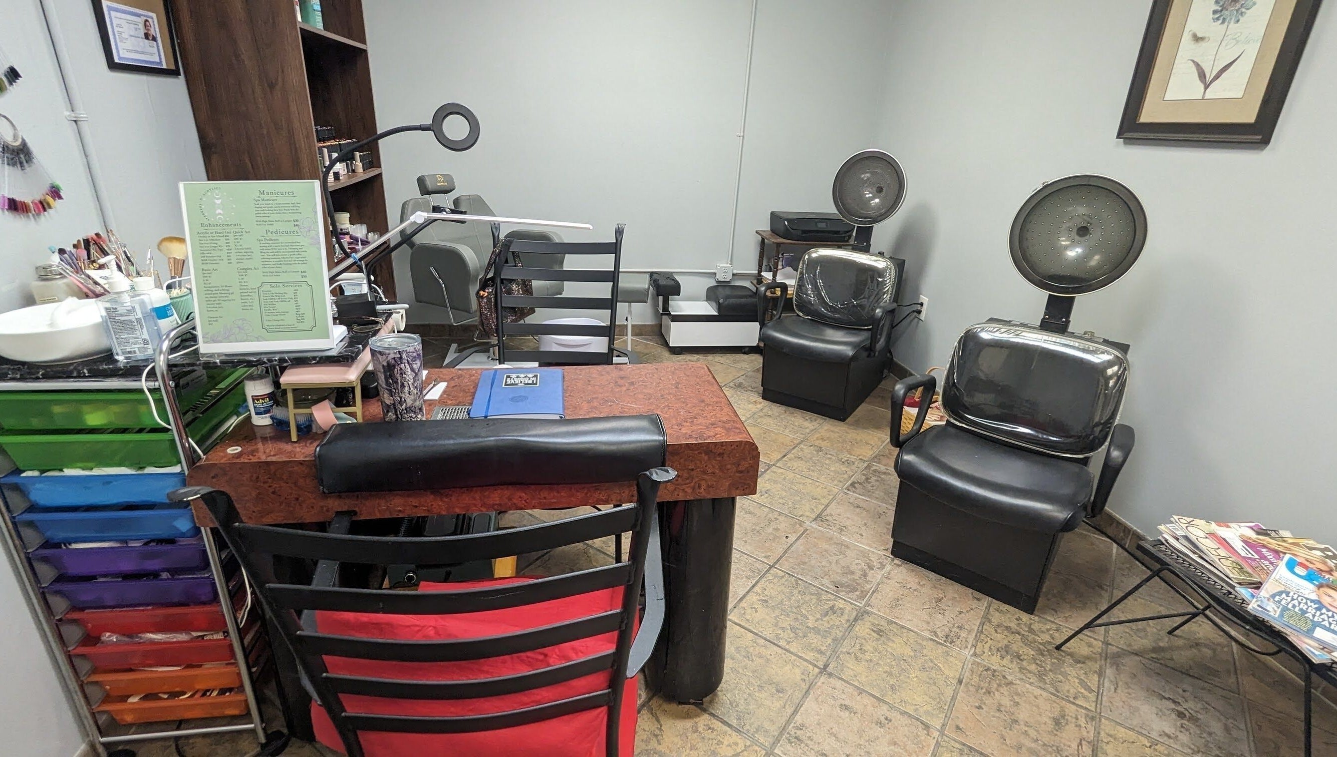 Interior of Sparkles Gel & Nail Art Studio in Camden, South Carolina, showcasing nail and hair stations.