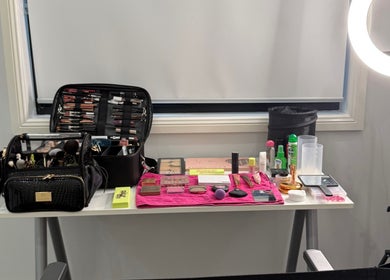 Naomi Lee Makeup setup with cosmetics and tools at Catherine Field, New South Wales, AU.