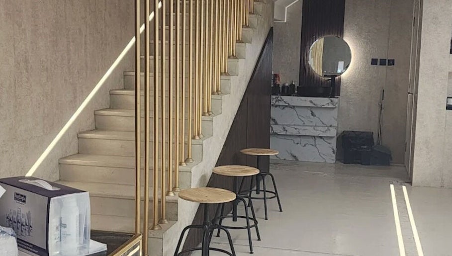 Interior of مركز ليلا للتزيين النسائي with sleek stairs and stylish decor in Riyadh, Riyadh Province, SA.