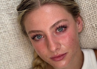 Close-up of woman's face with natural makeup at Beauty by Ella Grace, Little Eaton, England, GB.