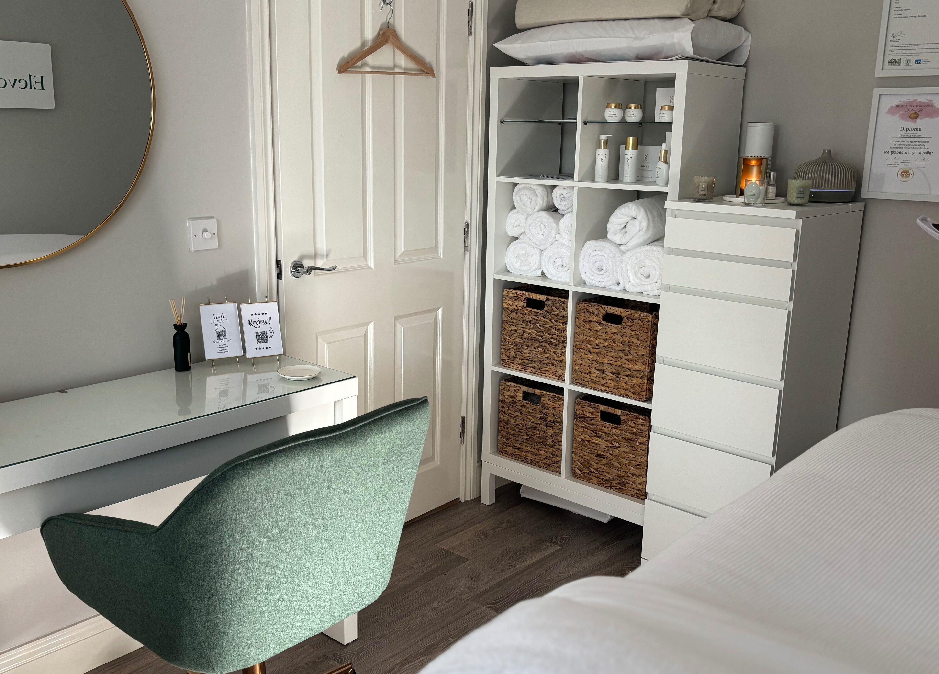 Elevate Skincare Norwich, a serene treatment room in Norwich, England, GB with stylish decor and beauty essentials.