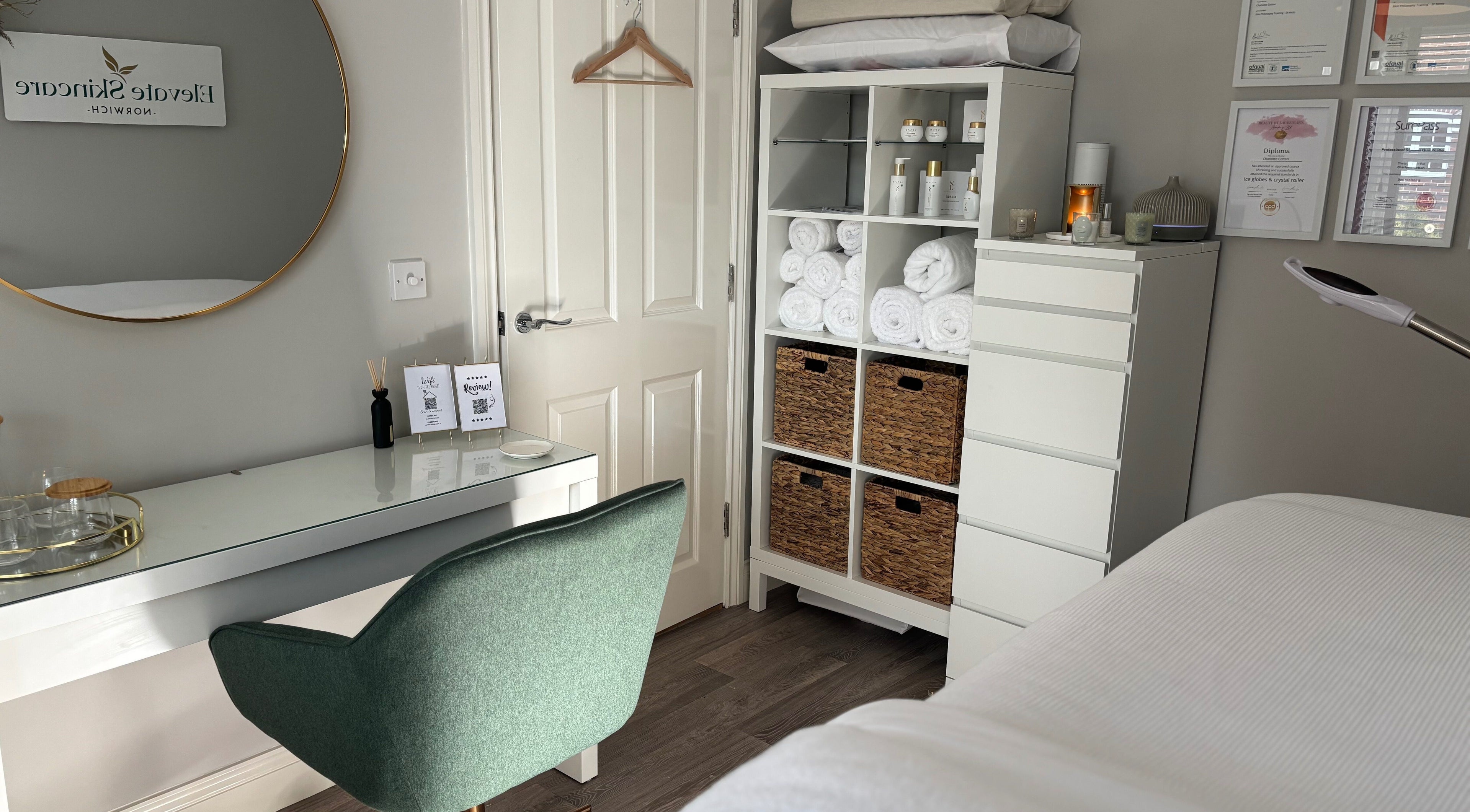 Elevate Skincare Norwich, a serene treatment room in Norwich, England, GB with stylish decor and beauty essentials.
