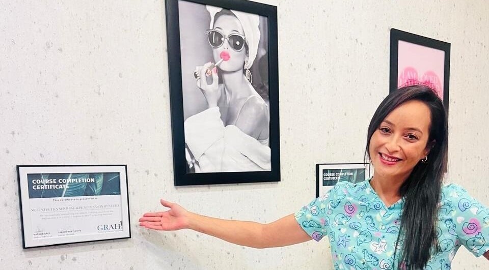 Proud display of course completion certificate at Meg Esthetics Slimming & Beauty Salon, East London, Eastern Cape, ZA.