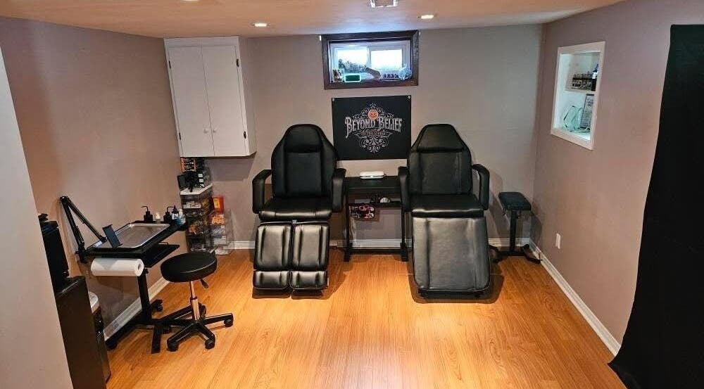 Beyond Belief Tattoos studio with chairs and equipment in Thorold, Ontario, CA for tattoo sessions.