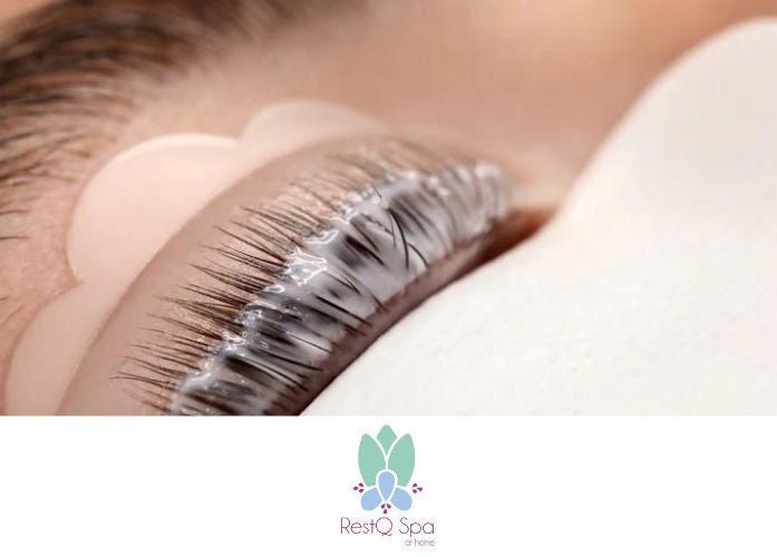 Close-up of eyelash treatment at RestQ Spa at home, Riyadh, Riyadh Province, SA showcasing lash lift services.