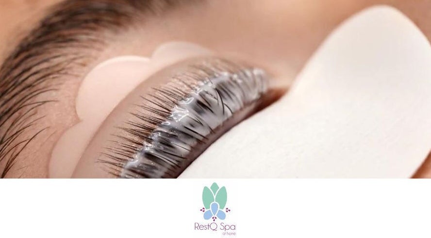 Close-up of eyelash treatment at RestQ Spa at home, Riyadh, Riyadh Province, SA showcasing lash lift services.