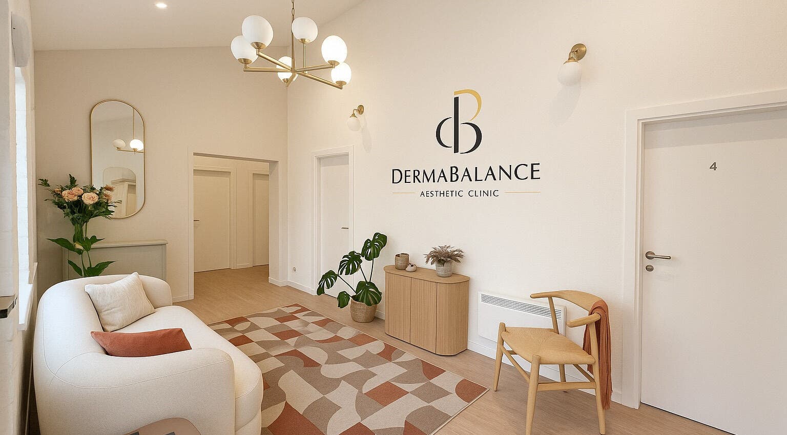 Elegant interior of Derma Balance in Royal Tunbridge Wells, England, GB with chic decor and soft lighting.