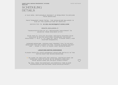 Scheduling details and deposit information for Bijou Hair CO in Kitchener, Ontario, CA.