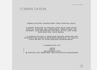 Consultation details for Bijou Hair CO in Kitchener, Ontario, CA. Mandatory for starter loc services.