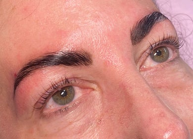 Close-up of expertly shaped brows at Emma's Beauty Room in Morpeth, England, GB. Flawless beauty service.