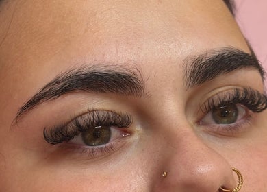 Close-up of styled eyelashes at Emma's Beauty Room, Morpeth, England, GB, showcasing detailed lash extensions.