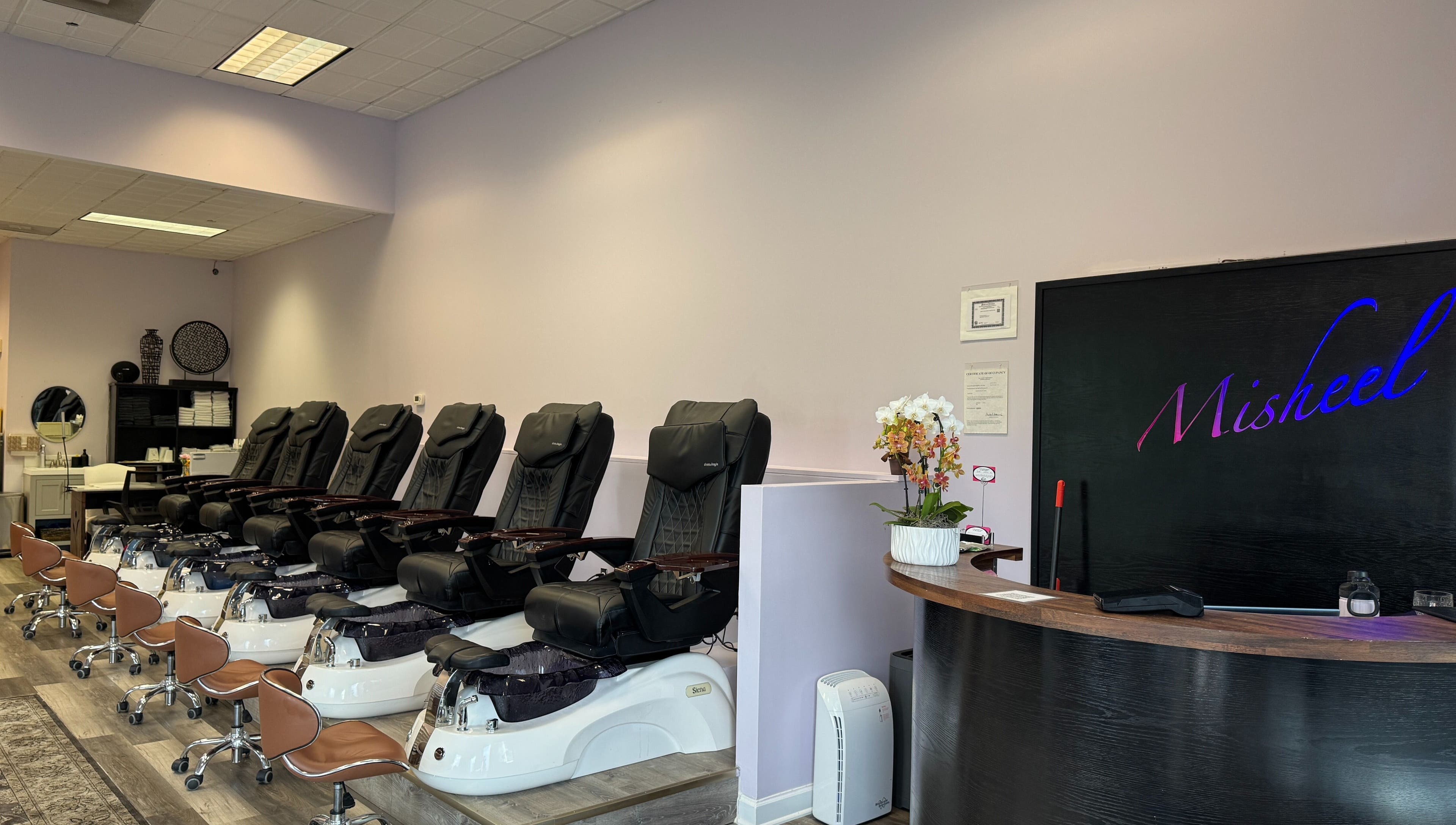 Relaxing pedicure chairs at Misheel Nail Spa, Vernon Hills, Illinois, US, offering luxurious spa experiences.