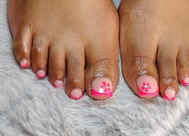 Pink floral pedicure at Prim Nails Skin Hair, Pretoria, Gauteng, ZA.