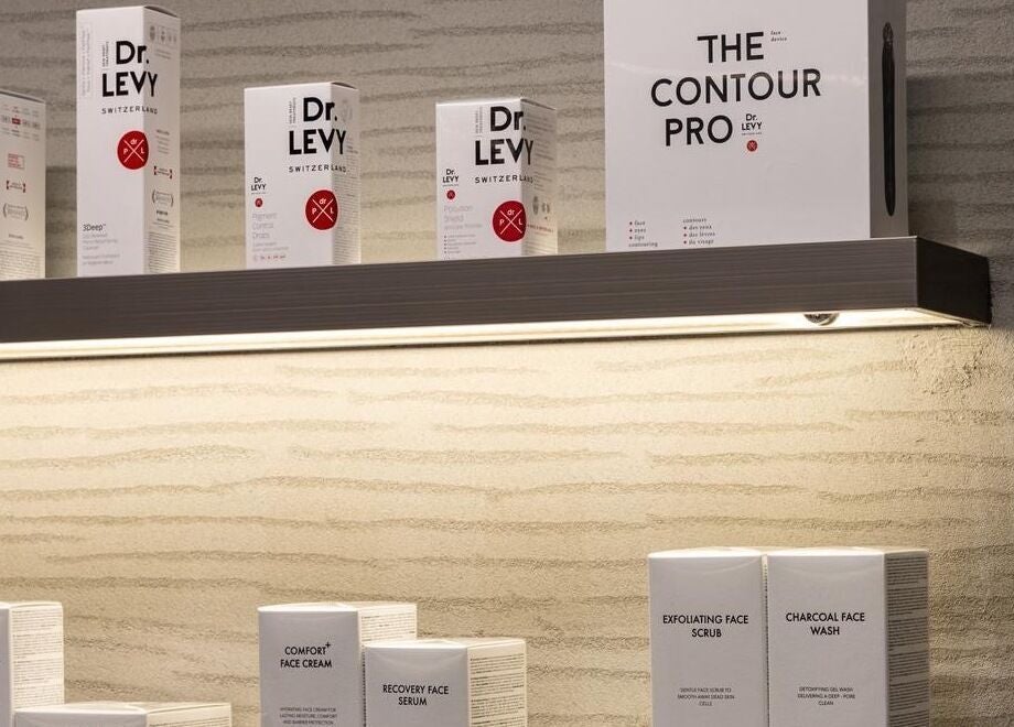 Premium skincare products displayed on shelves at S&B Grooming in دبي, دبي, AE.