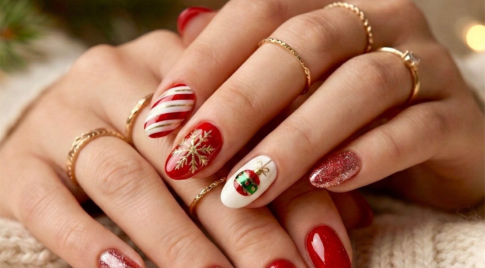 Festive red and gold nail art at Infinity Nails and Beauty Salon, Cardiff, Wales, GB.
