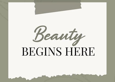 "Beauty Begins Here" sign at Olive and Kai Beauty, Midrand, Gauteng, ZA.