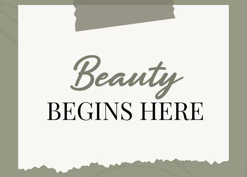 Beauty begins here sign at Olive and Kai Beauty, Midrand, Gauteng, ZA.